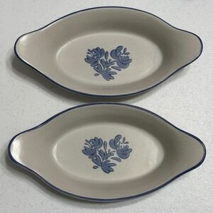 Pfaltzgraff Yorktowne VTG USA Oval Au Gratin Baking Dishes Blue Floral Set 2 10"